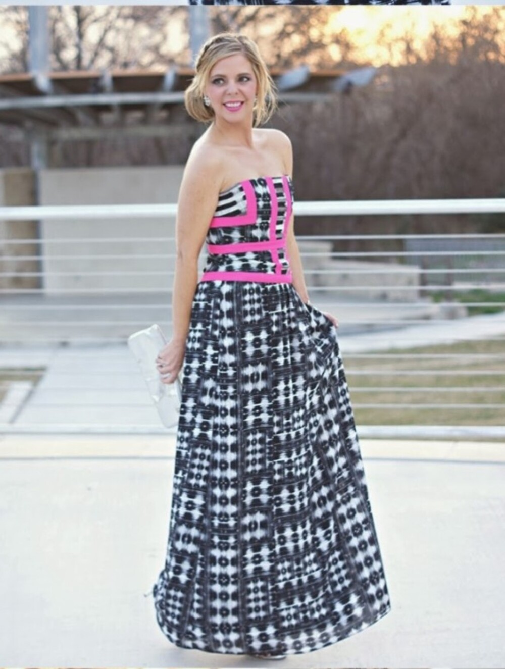BCBGMaxAzria Strapless Event Maxi Dress Hot Pink Stripe Geometric 6 NWT